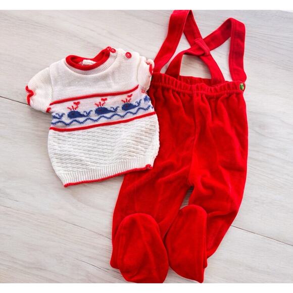 Vintage Baby Boy Outfit 0-6mo Nautical Sweater Overalls Whales 80's Red Acrylic - Picture 2 of 10